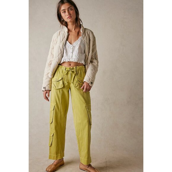 FREE PEOPLE Tahiti Herringbone Cargo Pants in Citronelle Size Small - Picture 2 of 11